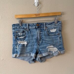 American Eagle Distressed Denim Shorts Cuffed Hem Light Wash